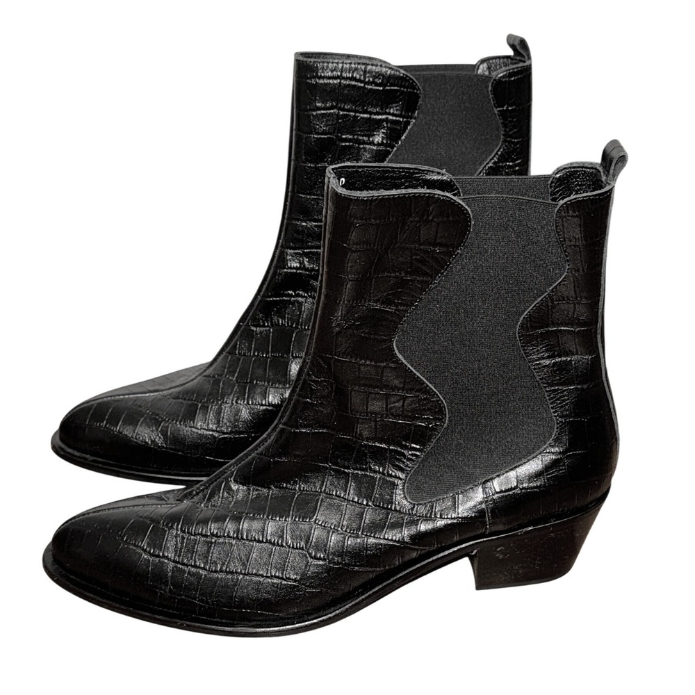 Yuul Yie Black Croc Embossed Leather Ankle Boots Western Chelsea Block Heel 40